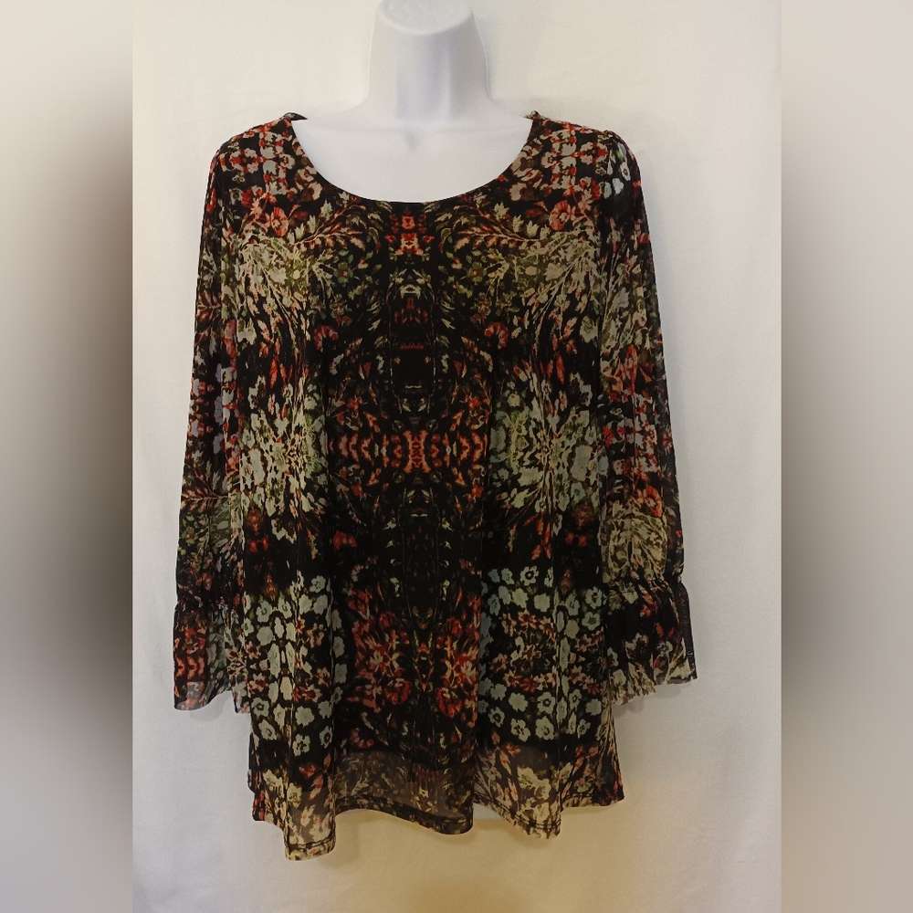 Bohemian Floral Print Women's Peasant Top Multicolor Long Sleeves Size L
